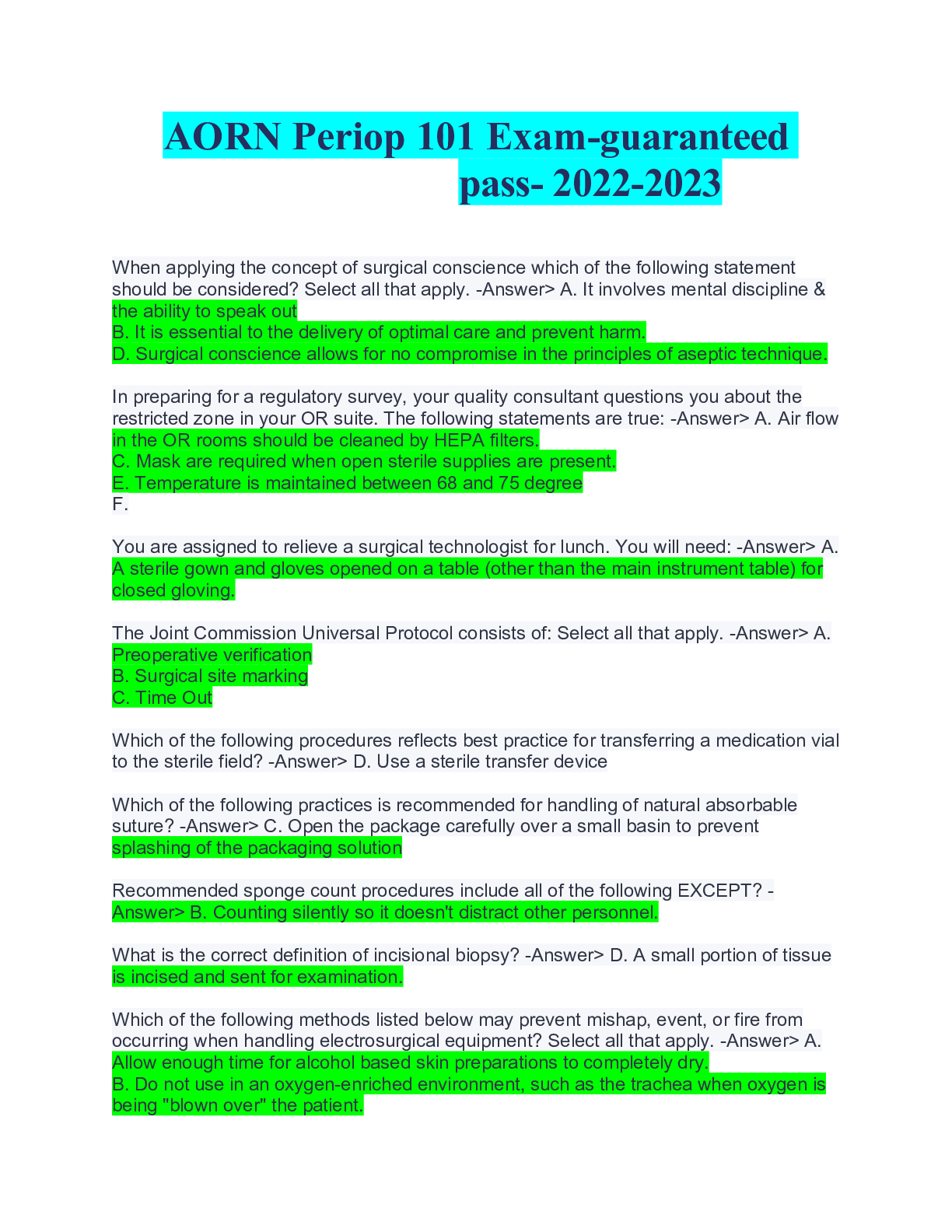 Preview of AORN Periop 101 Exam-guaranteed pass- 2022-2023